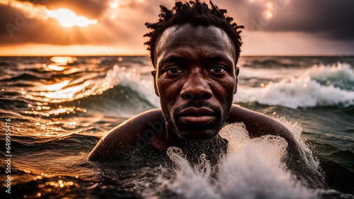 african migrants lost in a dangerous storm in mediterranean sea, risking life, dreaming of bright future in Europa