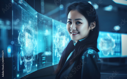 Business woman sitting in a futuristic office desk with advanced AI face recognition screens, technology AI connectivity infographic background