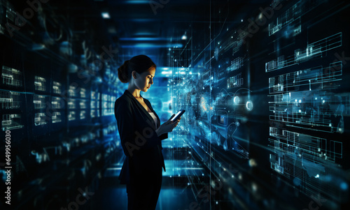 Business woman using a mobile phone in a server room, female using technology and artificial intelligence for business by entering a command prompt