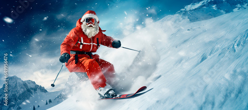 panoramia of Santa Claus skiing downhill in a snowy mountain photo