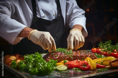 A skilled chef wearing gloves meticulously garnishes steak with parsley