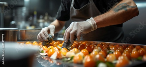 Close-up photo captures a chefs culinary artistry in a restaurant kitchen