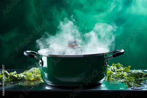 Cooking pot steaming against a vibrant green screen backdrop, a culinary moment