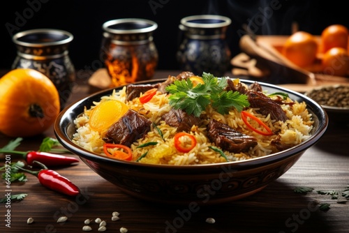 Oriental elegance Pilaf rice with meat on a decorative wooden plate, banner format