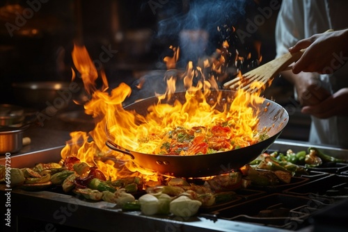 Vegetables sizzle in a wok as the chef tends to them