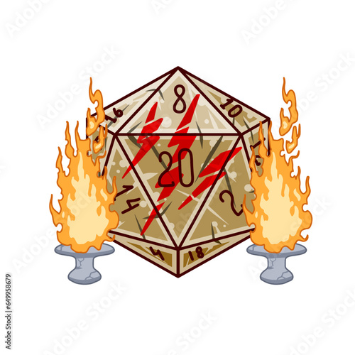 20 sided dice with numbers. Cartoon dice for fantasy dnd and rpg Board game. Magic fire isolated on white. Hand drawn Illustration