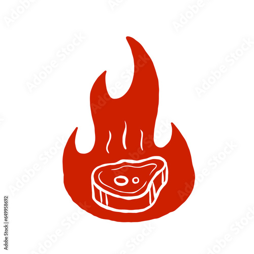 Barbecue logo. Grilled meat on fire. Red silhouette of brazier flame. Simple cartoon illustration isolated on white.