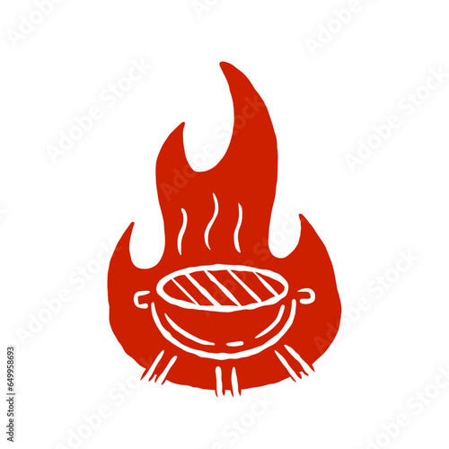 Barbecue logo. Grilled meat on fire. Red silhouette of brazier flame. Simple cartoon illustration isolated on white.
