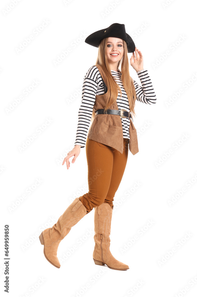 Beautiful female pirate on white background Beautiful female pirate on white background