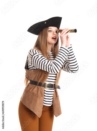 Beautiful female pirate with spyglass on white background