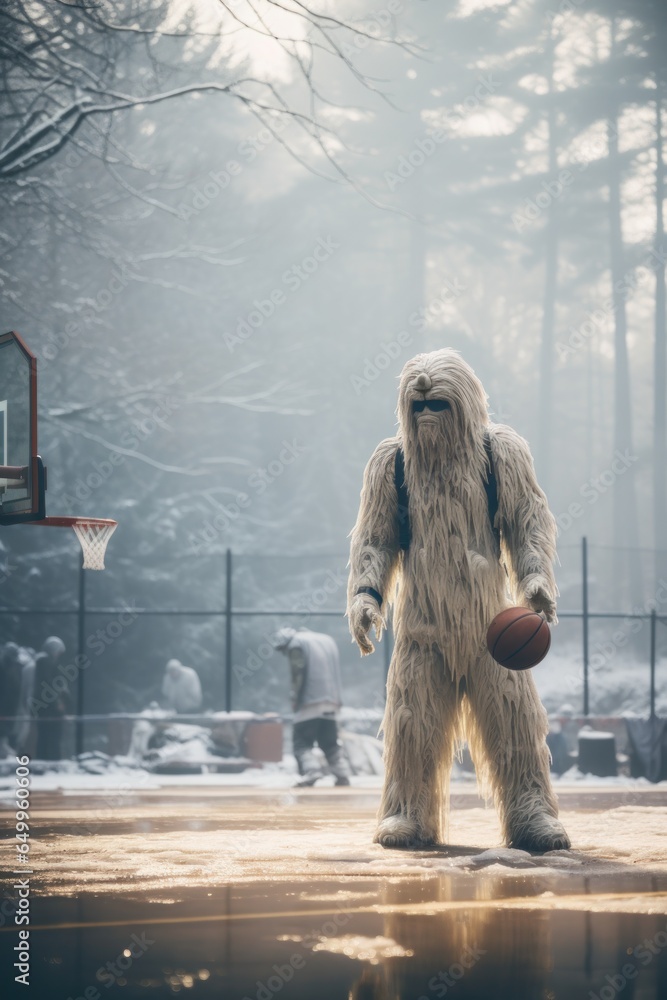 a person in a furry garment holding a basketball