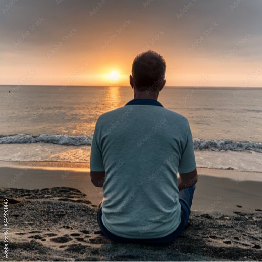 man sitting on the beach at sunset, Generative AI man sitting on the beach at sunset, Generative AI