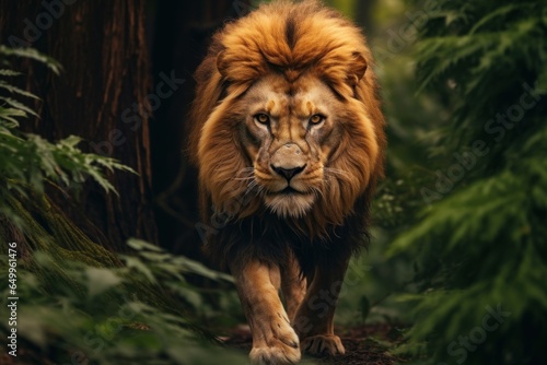 a lion walking in the woods
