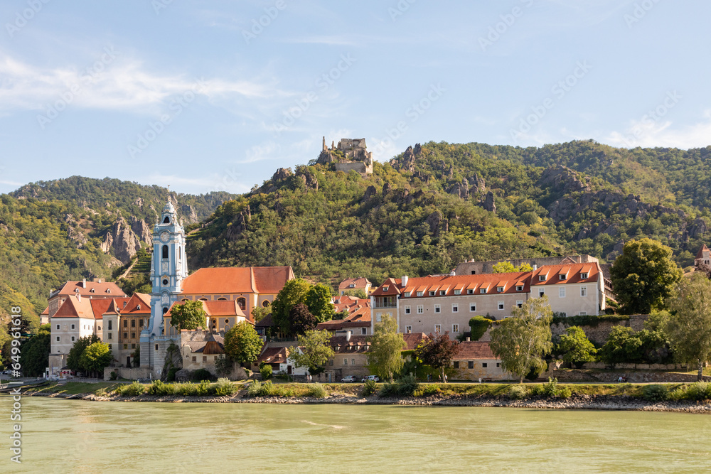 Cruising on the Danube River past Durnstein, Austria with a view of Durnstein Abbey