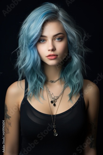 a woman with blue hair and necklaces