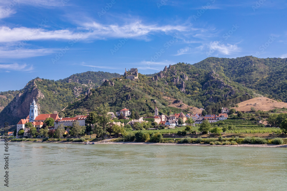 Cruising By a Village Along the Danube River, Austria in Summertime, Vineyards, Church, Homes View of Durnstein Abbey