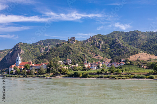 Cruising By a Village Along the Danube River, Austria in Summertime, Vineyards, Church, Homes View of Durnstein Abbey