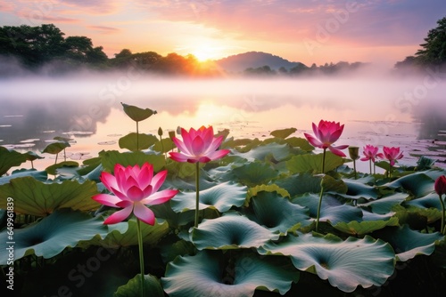 a pink flowers on a lake