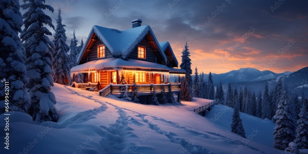 a house with lights on it in the snow - obrazy, fototapety, plakaty 