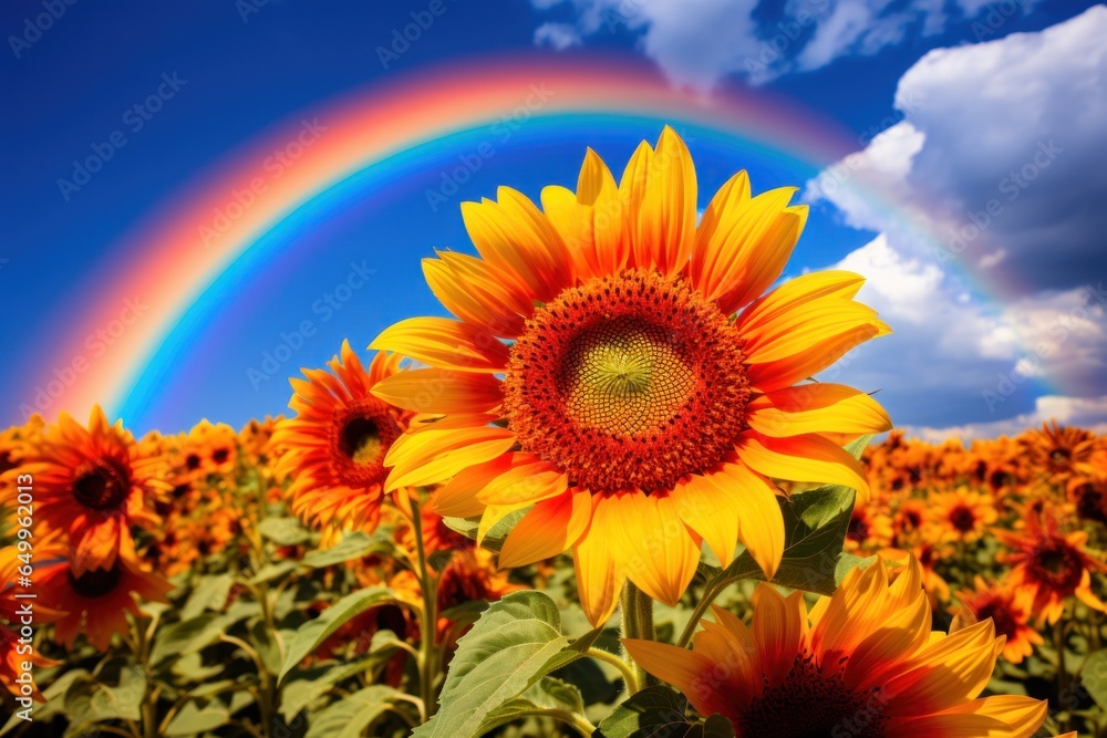 a rainbow over a sunflower field