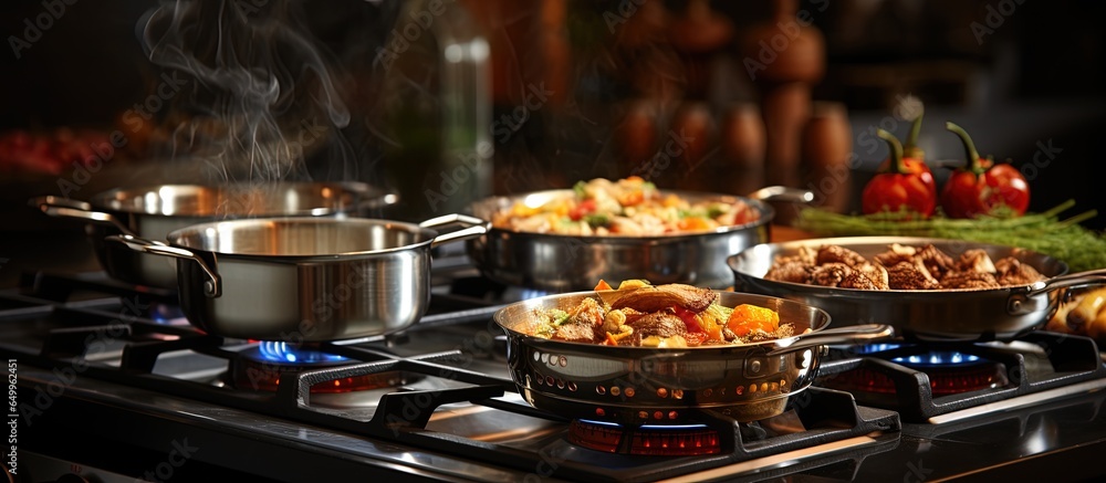 Cooking food on a gas stove in kitchen pots