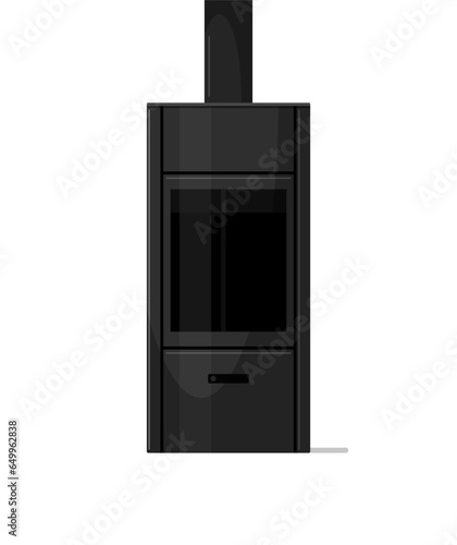 Wood burning black fireplace, stove without flame and firewood, free standing modern home heater with chimney, glass window. Vector flat illustration isolated on white background