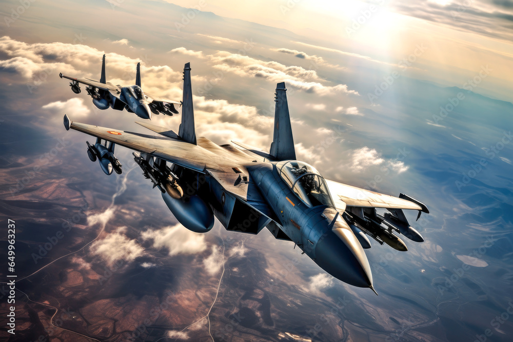 Fighter jets flying in a military combat zone. War zone in the sky - obrazy, fototapety, plakaty 