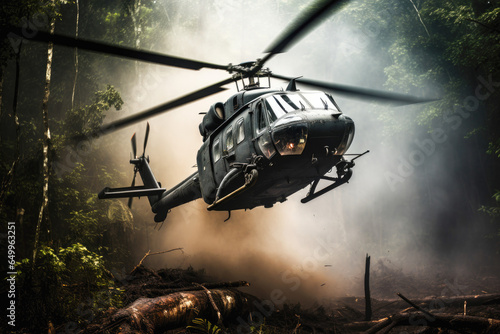 Military helicopter in active combat zone in jungle photo