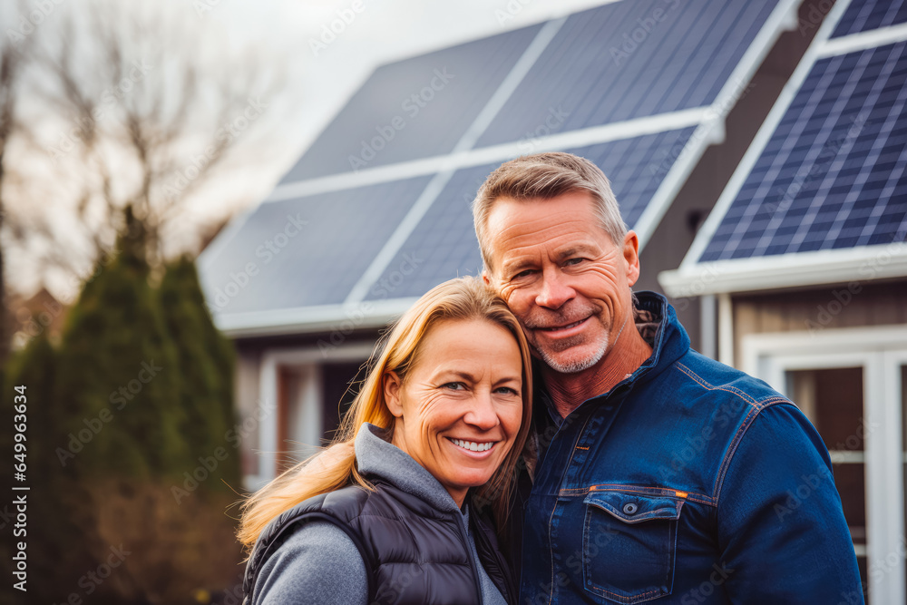 Happy couple standing outside in the driveway and smiling with their large house in the background, owning a property Happy couple standing outside in the driveway and smiling with their large house in the background, owning a property
