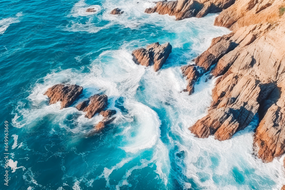 Aerial view of sea waves and fantastic rocky coast, beautiful crystal clear ocean water