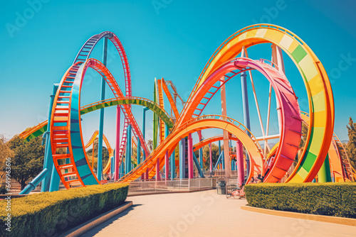 Colorful looping roller coaster ride in theme park on a beautiful sunny summer day, rainbow ride © VisualProduction