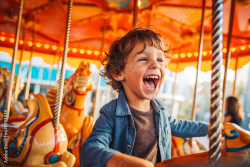 Happy young child expressing excitement and smiling while driving on a carousel, amusement park for kids