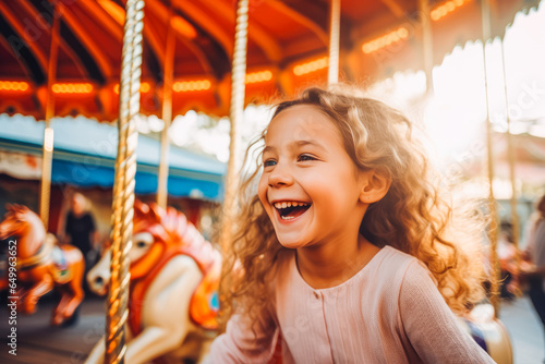Happy young child expressing excitement and smiling while driving on a carousel, amusement park for kids