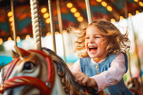 Happy young child expressing excitement and smiling while driving on a carousel, amusement park for kids © VisualProduction