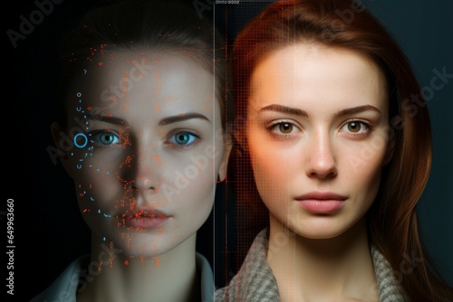 Innovative Face detection analyze. Face recognition. Fictional person. Generate Ai photo