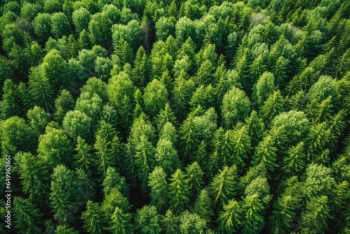 Aerial top view of green spruce and conifers trees in forest in rural era, green forest