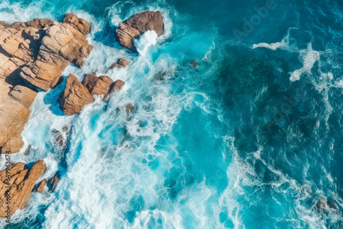 Aerial view of sea waves and fantastic rocky coast  beautiful crystal clear ocean water