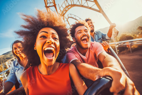 Friends screaming and laughing on a roller coaster ride in amusement park on a sunny day, having fun on a ride