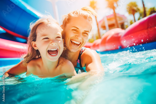 Mother and her little daughter swimming and having fun in the pool in aqua park, quality mother daughter time together