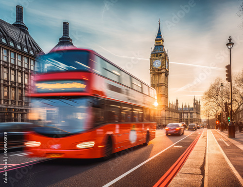 Shot of London double decker red bus with beautiful city in the background