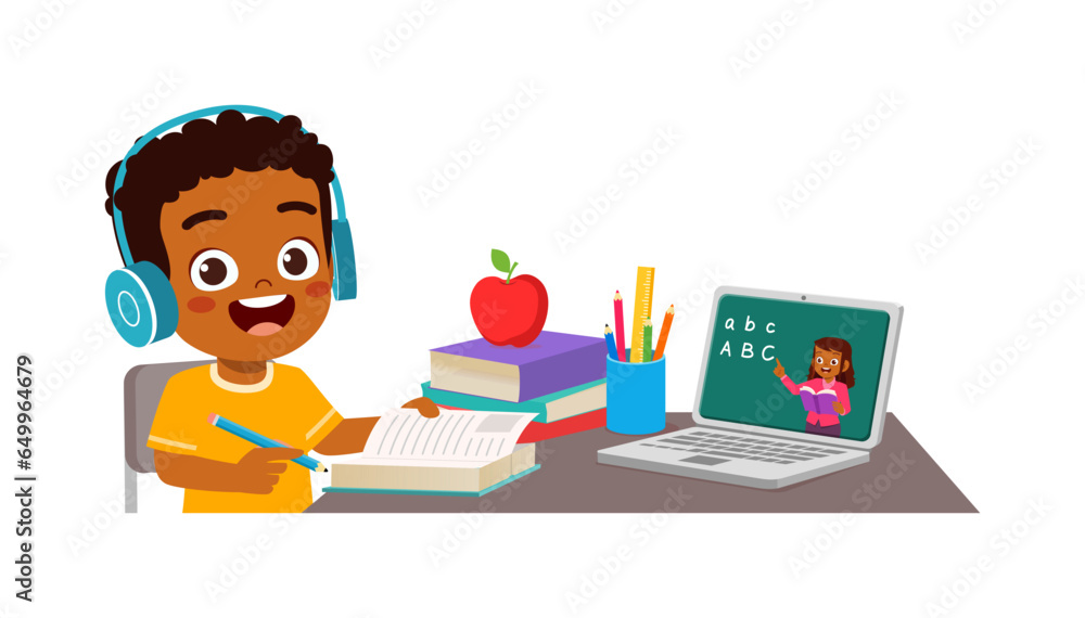 little kid study with teacher via online class