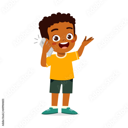 little kid talk using phone and feel happy