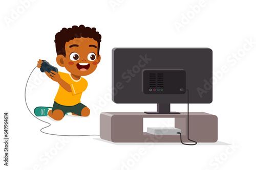 little kid playing video game and feel happy