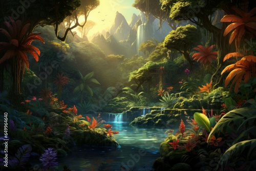 Mystical Fantasy jungle. Dark river travel. Generate Ai