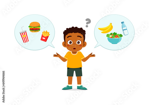 little kid choose between healthy food and junk food