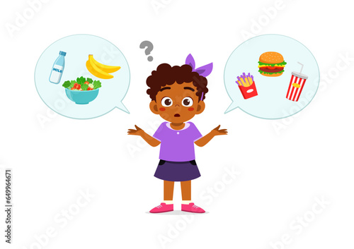 little kid choose between healthy food and junk food