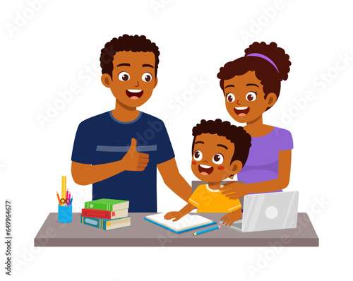 little kid study with father and mother