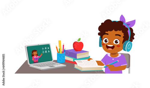 little kid study with teacher via online class