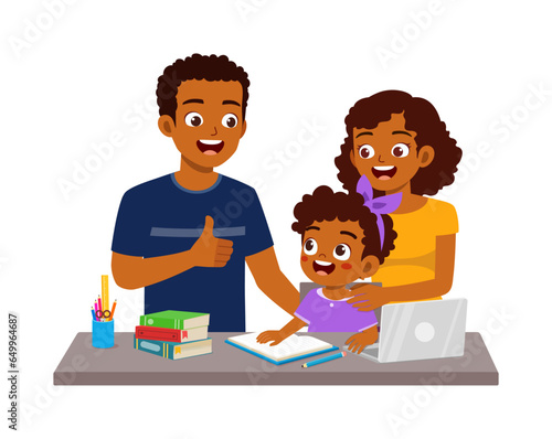 little kid study with father and mother