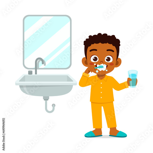 little kid brush teeth and feel happy